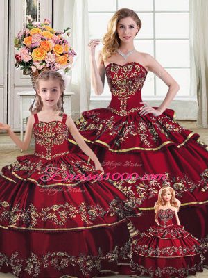 Wine Red Sleeveless Satin and Organza Lace Up 15 Quinceanera Dress for Sweet 16 and Quinceanera