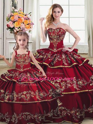 Wine Red Sleeveless Satin and Organza Lace Up 15 Quinceanera Dress for Sweet 16 and Quinceanera