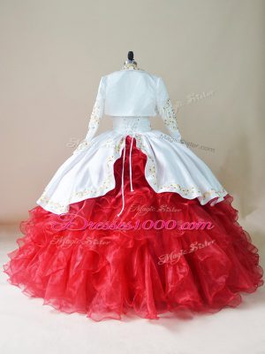 Sleeveless Floor Length Embroidery and Ruffles Lace Up 15th Birthday Dress with White And Red