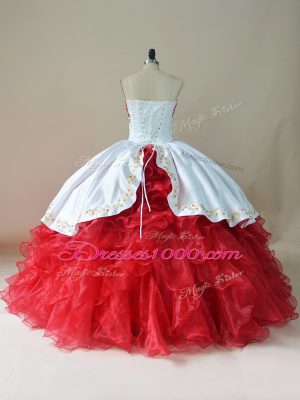 Sleeveless Floor Length Embroidery and Ruffles Lace Up 15th Birthday Dress with White And Red