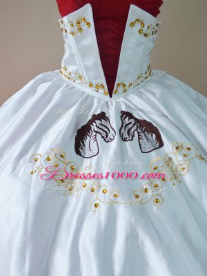 Sleeveless Floor Length Embroidery and Ruffles Lace Up 15th Birthday Dress with White And Red