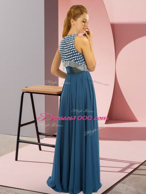 On Sale Blue Empire Scoop Sleeveless Chiffon Floor Length Side Zipper Beading Prom Dresses