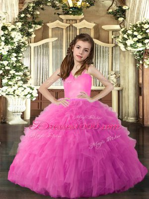 Hot Pink Ball Gowns Ruffles Pageant Gowns For Girls Lace Up Tulle Sleeveless Floor Length