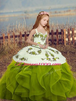 Latest Ball Gowns Kids Pageant Dress Olive Green Straps Long Sleeves Floor Length Lace Up