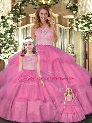 Vintage Floor Length Zipper Sweet 16 Dress Hot Pink for Military Ball and Sweet 16 and Quinceanera with Lace and Ruffled Layers