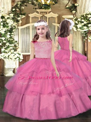 Vintage Floor Length Zipper Sweet 16 Dress Hot Pink for Military Ball and Sweet 16 and Quinceanera with Lace and Ruffled Layers