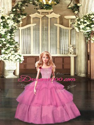 Vintage Floor Length Zipper Sweet 16 Dress Hot Pink for Military Ball and Sweet 16 and Quinceanera with Lace and Ruffled Layers