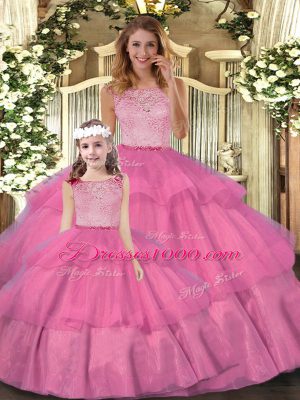 Vintage Floor Length Zipper Sweet 16 Dress Hot Pink for Military Ball and Sweet 16 and Quinceanera with Lace and Ruffled Layers