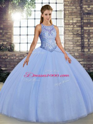 Sleeveless Tulle Floor Length Lace Up Quinceanera Dress in Lavender with Embroidery