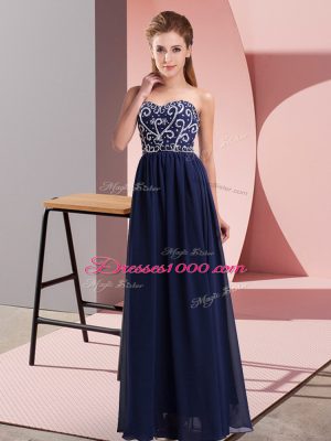 Sleeveless Floor Length Beading Lace Up Evening Dress with Navy Blue