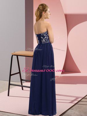 Sleeveless Floor Length Beading Lace Up Evening Dress with Navy Blue