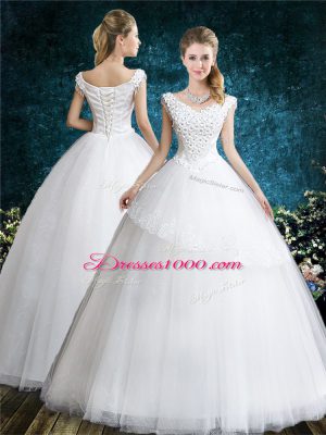 White Lace Up V-neck Lace and Appliques Wedding Dress Tulle Sleeveless