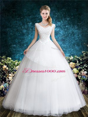 White Lace Up V-neck Lace and Appliques Wedding Dress Tulle Sleeveless