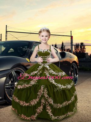 Olive Green Ball Gowns Straps Sleeveless Satin Floor Length Lace Up Embroidery Girls Pageant Dresses