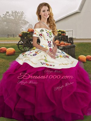 Stylish Fuchsia Ball Gowns Embroidery and Ruffles Sweet 16 Dresses Lace Up Tulle Sleeveless Floor Length