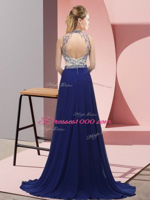 Shining Beading Evening Dresses Blue Backless Sleeveless Brush Train