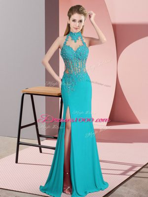 Floor Length Backless Aqua Blue for Prom and Party and Military Ball with Beading