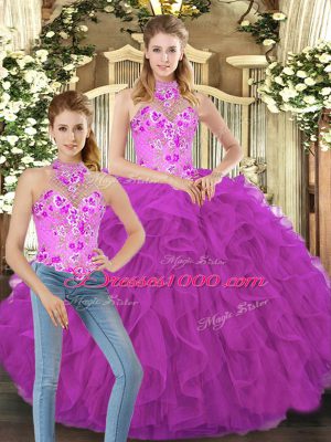 Trendy Floor Length Fuchsia Sweet 16 Quinceanera Dress Tulle Sleeveless Embroidery and Ruffles