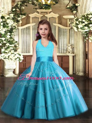 Baby Blue Ball Gowns Beading Little Girls Pageant Dress Lace Up Tulle Sleeveless Floor Length