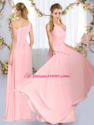 Vintage Ruching Vestidos de Damas Baby Pink Lace Up Sleeveless Floor Length