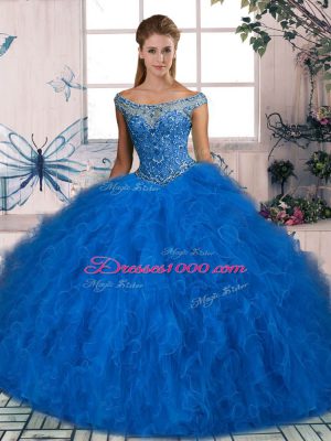 Smart Blue Sweet 16 Dress Sweet 16 and Quinceanera with Beading and Ruffles Off The Shoulder Sleeveless Lace Up