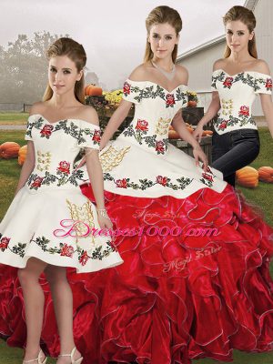 Popular White And Red Off The Shoulder Lace Up Embroidery and Ruffles Ball Gown Prom Dress Sleeveless