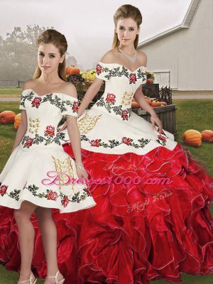 Popular White And Red Off The Shoulder Lace Up Embroidery and Ruffles Ball Gown Prom Dress Sleeveless