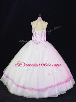 Super White Halter Top Neckline Appliques Ball Gown Prom Dress Sleeveless Lace Up