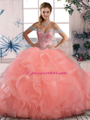 Superior Peach Tulle Lace Up 15 Quinceanera Dress Sleeveless Floor Length Beading and Ruffles