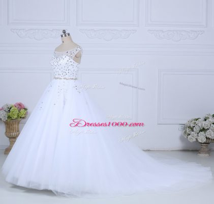 Artistic Off The Shoulder Sleeveless Bridal Gown Court Train Beading White Tulle