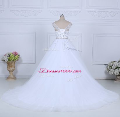 Artistic Off The Shoulder Sleeveless Bridal Gown Court Train Beading White Tulle