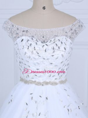 Artistic Off The Shoulder Sleeveless Bridal Gown Court Train Beading White Tulle