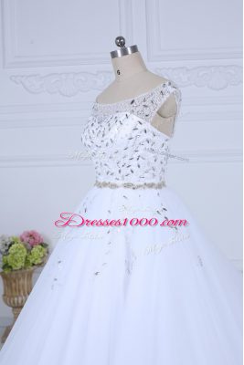 Artistic Off The Shoulder Sleeveless Bridal Gown Court Train Beading White Tulle