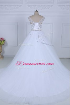 Artistic Off The Shoulder Sleeveless Bridal Gown Court Train Beading White Tulle