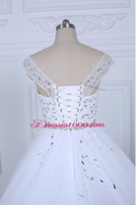 Artistic Off The Shoulder Sleeveless Bridal Gown Court Train Beading White Tulle