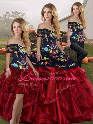 Discount Three Pieces Quinceanera Gown Red And Black Off The Shoulder Organza Sleeveless Floor Length Lace Up