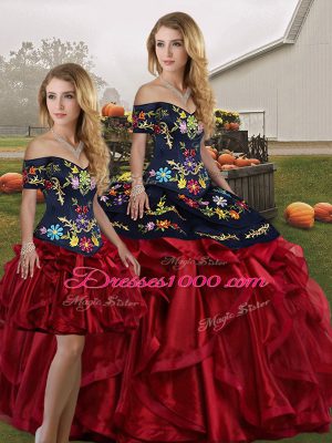 Discount Three Pieces Quinceanera Gown Red And Black Off The Shoulder Organza Sleeveless Floor Length Lace Up