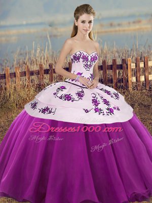 White And Purple Sweet 16 Quinceanera Dress Military Ball and Sweet 16 and Quinceanera with Embroidery and Bowknot Sweetheart Sleeveless Lace Up