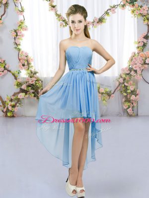 Blue Empire Chiffon Sweetheart Sleeveless Beading High Low Lace Up Bridesmaids Dress