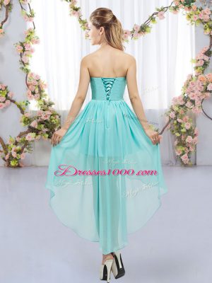 Blue Empire Chiffon Sweetheart Sleeveless Beading High Low Lace Up Bridesmaids Dress