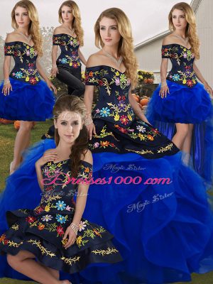 Fine Royal Blue Tulle Lace Up Off The Shoulder Sleeveless Floor Length Quinceanera Dresses Embroidery and Ruffles