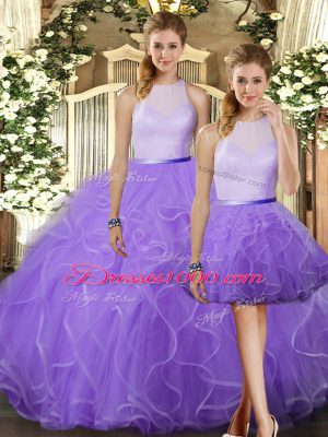 Lavender Three Pieces High-neck Sleeveless Tulle Floor Length Backless Ruffles 15 Quinceanera Dress