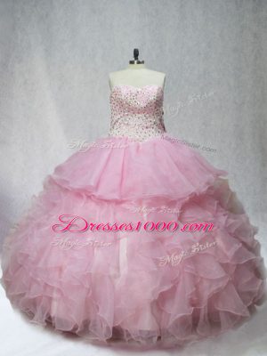 Enchanting Sweetheart Sleeveless Quince Ball Gowns Floor Length Beading and Ruffles Pink Organza