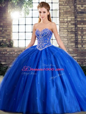 Brush Train Ball Gowns Sweet 16 Dress Blue Sweetheart Tulle Sleeveless Lace Up