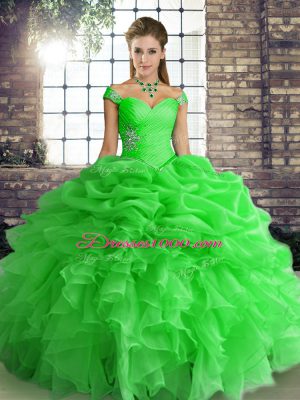 Cute Green Ball Gowns Organza Off The Shoulder Sleeveless Beading and Ruffles and Pick Ups Floor Length Lace Up Quinceanera Dress