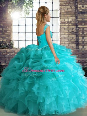 Cute Green Ball Gowns Organza Off The Shoulder Sleeveless Beading and Ruffles and Pick Ups Floor Length Lace Up Quinceanera Dress