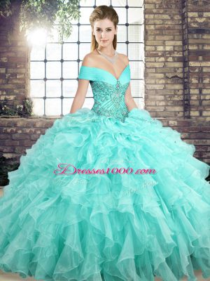 Dramatic Off The Shoulder Sleeveless Organza Quinceanera Gowns Beading and Ruffles Brush Train Lace Up