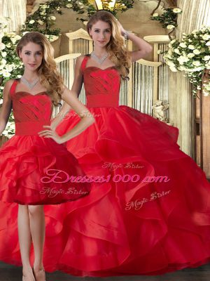 Red Halter Top Lace Up Ruffles Quinceanera Dress Sleeveless