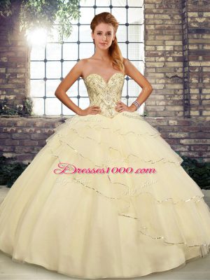 Brush Train Ball Gowns Quince Ball Gowns Light Yellow Sweetheart Tulle Sleeveless Lace Up