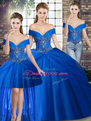 Great Royal Blue Off The Shoulder Lace Up Beading and Pick Ups Quinceanera Dresses Brush Train Sleeveless